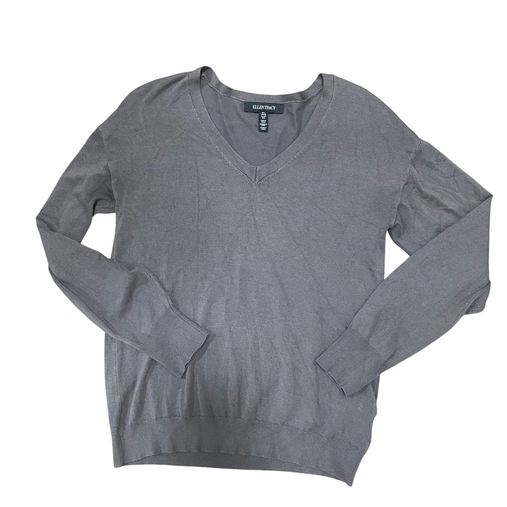 Ellen Tracy Womens V-Neck Sweater Charcoal Grey Viscose Blend Pullover Small